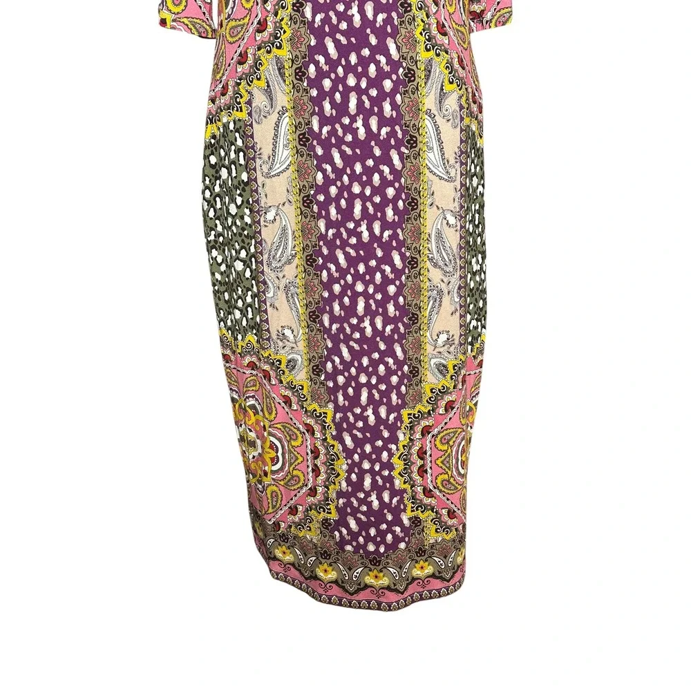 Women’s Fitted Multicolor Patterned Midi Dress - Pink/Purple